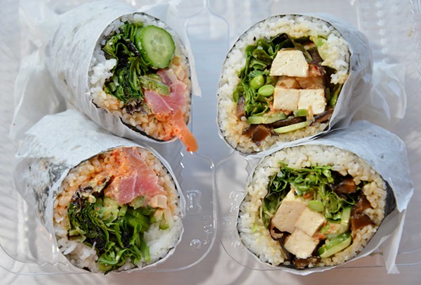 Chef James Choi's signature nori burritos include "Maui's Fury," left, and "the Avocoloco." - Tom Hellauer