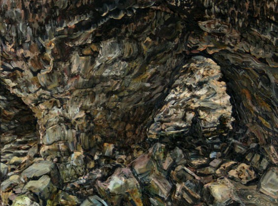 Cindy Tower, Indian Cave (diptych), 2010. Oil on canvas, 18 by 48 inches. - Courtesy of Bruno David Projects