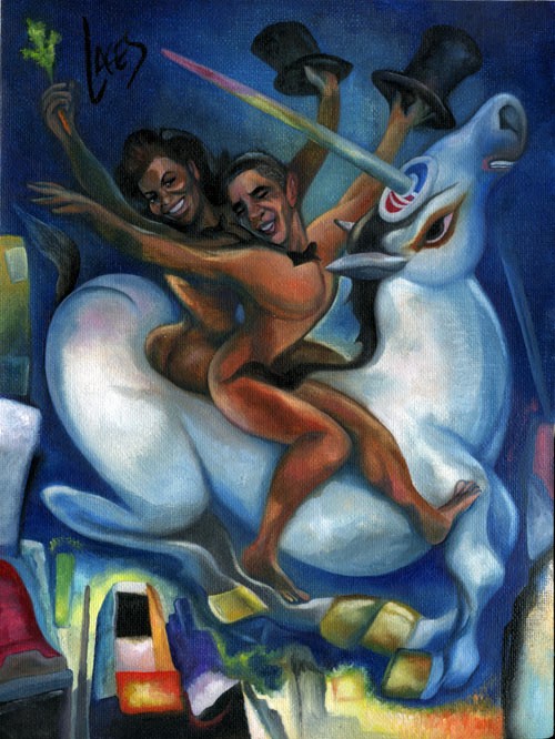 The New Neosurrealism: Artist Creates Portraits of Naked Obama Riding His Unicorn