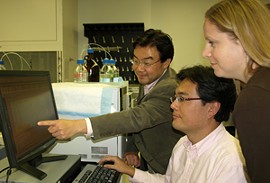 Shin-ichiro Imai, left, and two of his co-researchers: postdoctoral research associate Jun Yoshino and research lab supervisor Kathryn F. Mills. - courtesy Washington University Medical School