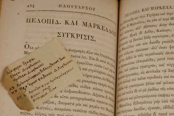Jefferson's copy of Plutarch's Lives and a note he'd stashed inside -- both in Greek. - image via
