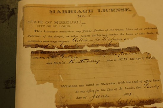 The Recorder of Deeds office holds nearly one-million marriage licenses. This is Missouri's first marriage license, signed in 1881 between William Lickman and Emma Gatch. - Danny Wicentowski