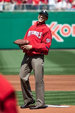 President Barack Obama in a Nationals jersey and White Sox hat. - Miss Chatter on flickr