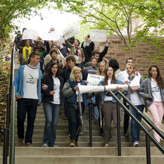 Students demonstrating at Washington University Friday.