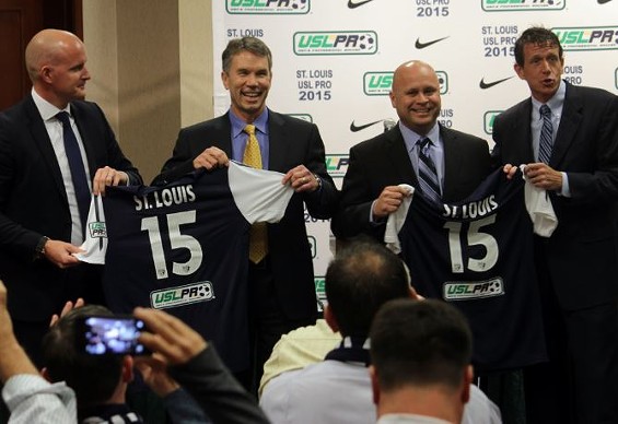 The execs behind St. Louis' new pro soccer team (from left to right): USL Pro VP Jake Edwards, Jim Kavanaugh and Tom Strunk of SLSG, USL Pro president Tim Holt - Danny Wicentowski