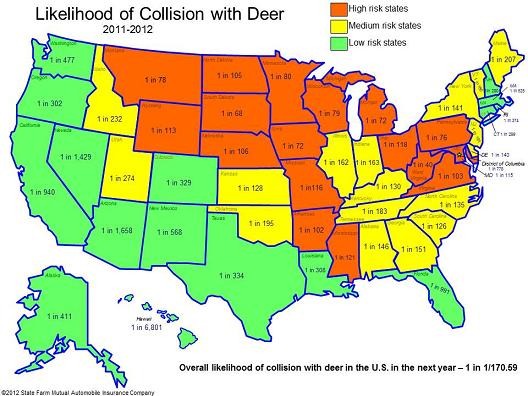 U.S. Deer Collision Map Curiously Similar to Red State, Blue State Divide