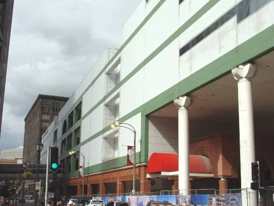 The old St. Louis Centre, months away from demolition in 2010, showing its tired, grimy exterior.