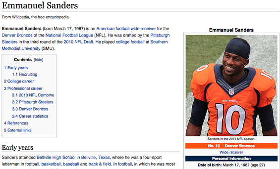 Emmanuel Sanders was declared dead on his Wikipedia page. - WIKIPEDIA