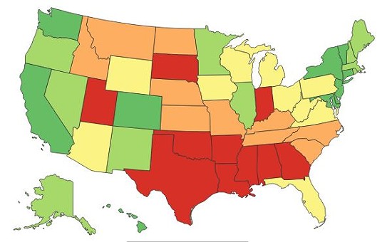 A color-ranked map of U.S. in terms of each state's treatment of women. Green is good, yellow is the middle, red is bad. Missouri is orange, which is medium-bad. - American Center for Progress