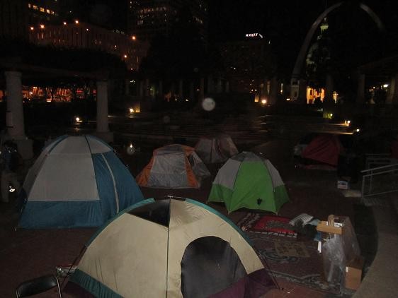 Tents occupy Kiener Plaza on Tuesday night.