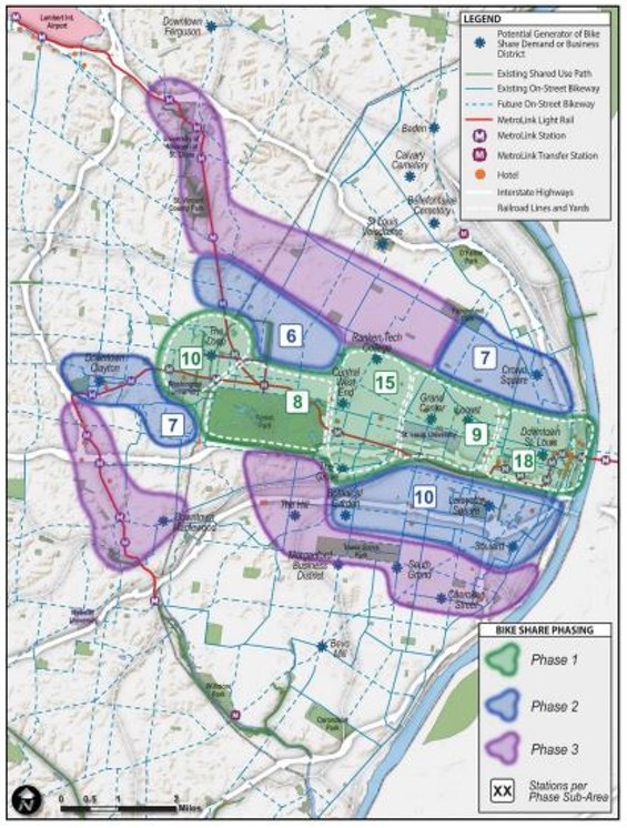 This map shows the proposed stages of building bike share in St. Louis. - Courtesy of Great Rivers Greenway