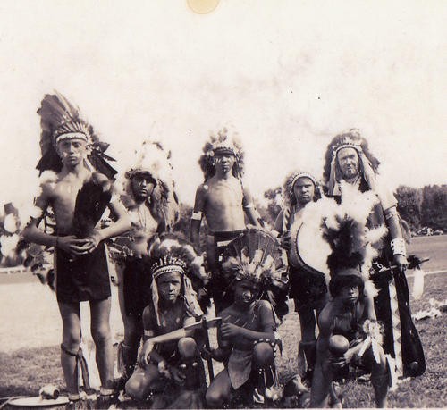 Thomas Airis (far right), grandfather of Kevin Airis, and his dancing troupe. All are wearing some of the now-missing artifacts. - courtesy Kevin Airis