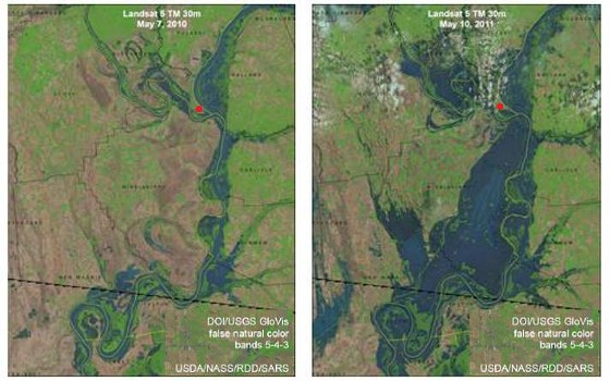 Cairo (red dot) sits at the confluence of the Mississippi and Ohio rivers. The photo on the left shows the normal condition of the rivers; the image on the right is after the Birds Point levee was destroyed.