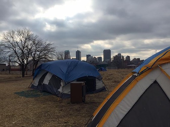 The view of downtown St. Louis from the homeless camp.