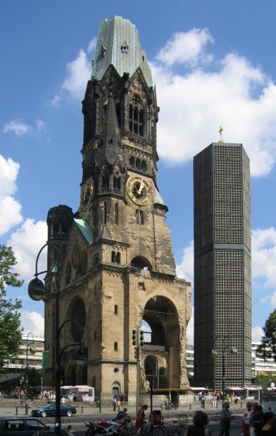 The Kaiser Wilhlem Memorial Church in Berlin, showing the incorporation of new structures into ruins. - Wikipedia.org