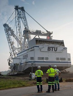 The dragline crosses a highway on its slow march to the Bear Run Mine. - Photos courtesy Peabody Energy