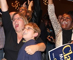 Crowd's response at the Chase Park Plaza as CNN called the election for Obama. - Leah Greenbaum