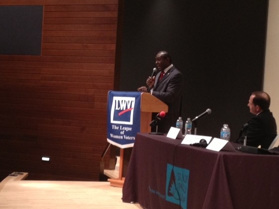 Lewis Reed speaking at a recent debate as Francis Slay watches. - Sam Levin