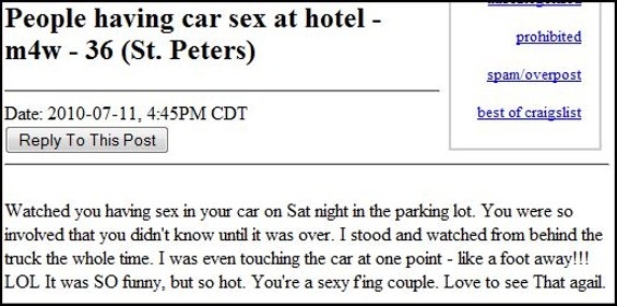 Sexy Couple Has Sex in Parking Lot, Stranger Watches: Another Week in Missed Connections
