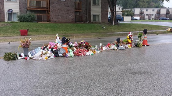 The ever-evolving memorial where Michael Brown was shot and killed. - Jessica Lussenhop