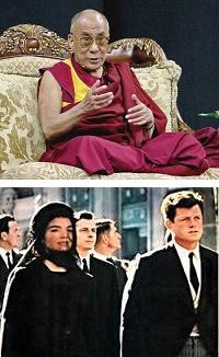 The Dalai Lama wears maroon robes. Jackie Kennedy wears a black hat and thin veil.