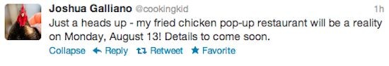 Josh Galliano to Open Pop-Up Fried Chicken Restaurant August 13 [Updated]