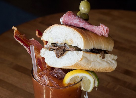 The Gramophone's "Bloody Island" ($12.50): a bloody mary with olives, bacon, salami and a roast-beef sandwich. | Photos by Mabel Suen