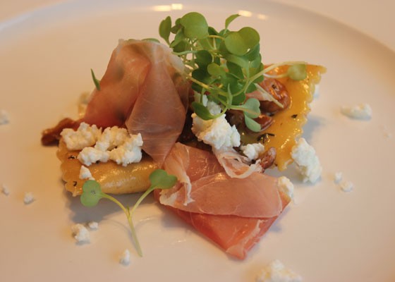 Butternut squash ravioli with house-cured prosciutto, Missouri pecans and Baetje goat cheese. | Nancy Stiles