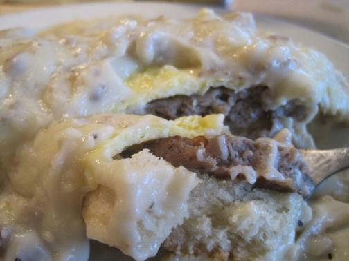 Biscuit and gravy pile at Midway Truck Stop - Robin Wheeler