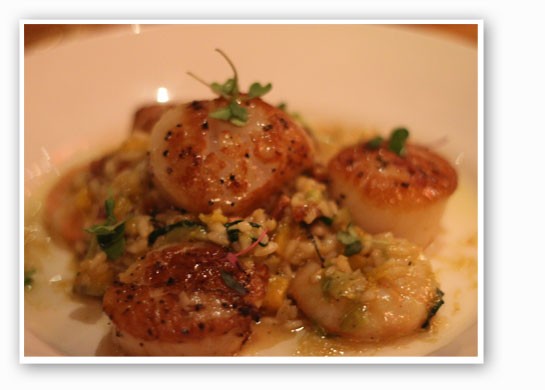 &nbsp;&nbsp;&nbsp;&nbsp;&nbsp;&nbsp;&nbsp;Maine sea scallops with shrimp, smoked bacon and pumpkin risotto. | Nancy Stiles