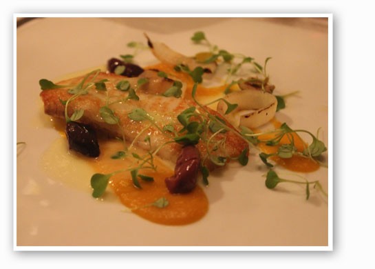 &nbsp;&nbsp;&nbsp;&nbsp;&nbsp;&nbsp;&nbsp;Montauk fluke, Matthew Brown pumpkin, pea shoots, olives, charred onion and beurre blanc. | Nancy Stiles