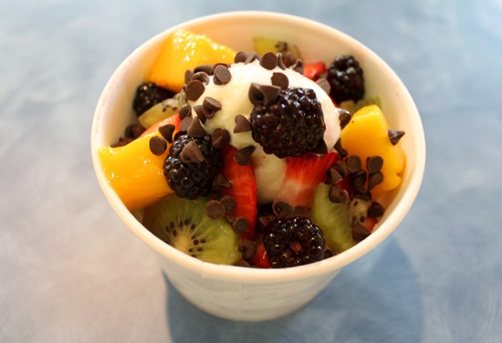 "Cheesecake Escape" and Key lime pie frozen yogurt topped with fresh fruit and chocolate chips. - Mabel Suen