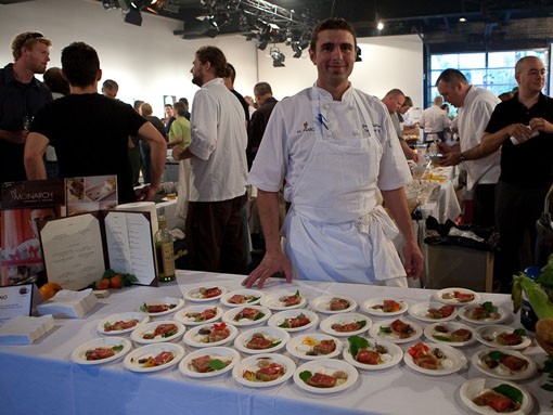 Josh Galliano of Monarch with his dish: Root Cellar and Hannaway Farms' tomato terrine, whipped balsamic, Goatsbeard ch&egrave;vre, cr&egrave;me fra&icirc;che and black olive oil. - Photo: Stew Smith
