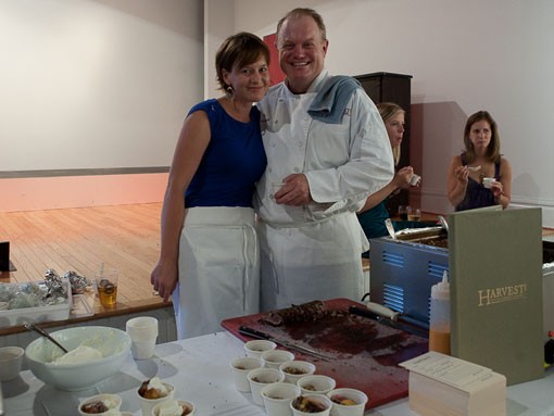 Steve Gontram (right) of Harvest featured two dishes: 1. Missouri grass-fed oxtail barley with peppered ahi tuna and a roasted sweet red pepper emulsion, and 2. warmed Companion brioche bread pudding with bourbon-currant sauce and vanilla whipped cream - Photo: Stew Smith