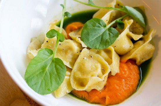 Braised rabbit tortellini with roasted carrot puree, watercress juice, hydro watercress, black pepper and olive oil. - Mabel Suen