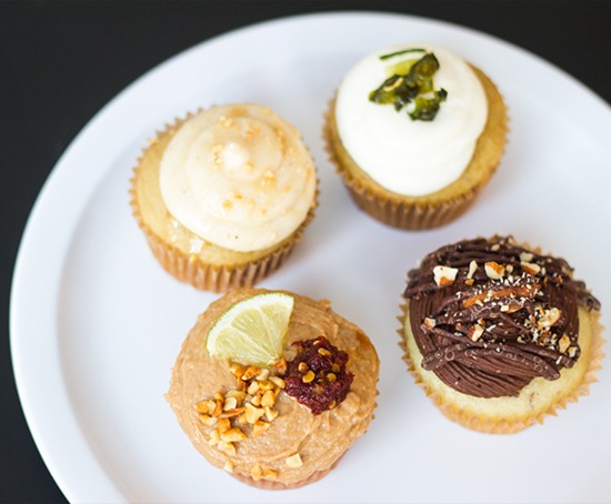 A selection of Stimulus Baking Company cupcakes: Salted-Caramel Cashew, Salsa Verde, Pad Thai and Chocolate Almond.