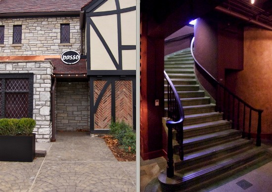 The exterior of Basso (left) and the sweeping staircase leading to the lower-level restaurant (right). - Liz Miller