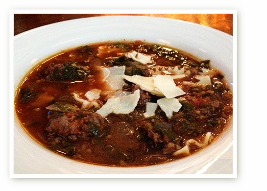 &nbsp;&nbsp;&nbsp;&nbsp;&nbsp;&nbsp;&nbsp;Italian sausage soup with spinach and shaved parmesan. | Courtesy of Joy Christensen.