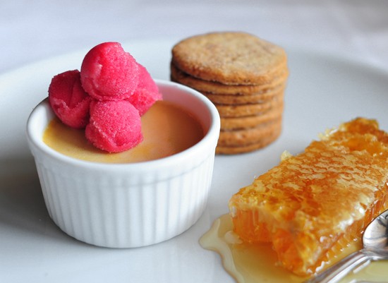 Honey custard, mulberry-pinot sorbet, linzer wafer cookies featured in Bluestem: The Cookbook</em? - Bonjwing Lee
