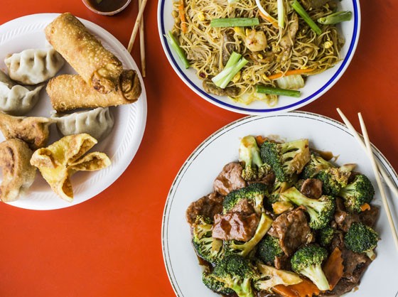 Singapore Mei Fun, Beef with Broccoli, Steamed & Fried Dumplings, Egg rolls, and crab rangoon.| Jennifer Silverberg