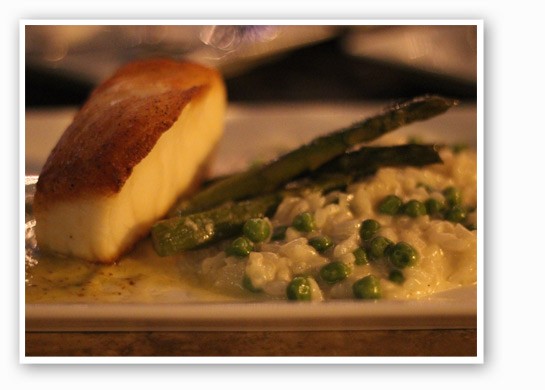 &nbsp;&nbsp;&nbsp;&nbsp;&nbsp;&nbsp;&nbsp;Chilean sea bass with sweet pea risotto, asparagus and a pistachio butter sauce. | Nancy Stiles