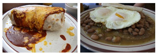 Two menu staples: the breakfast burrito (doused in chile and cheese) and the huevos rancheros. - Chrissy Wilmes