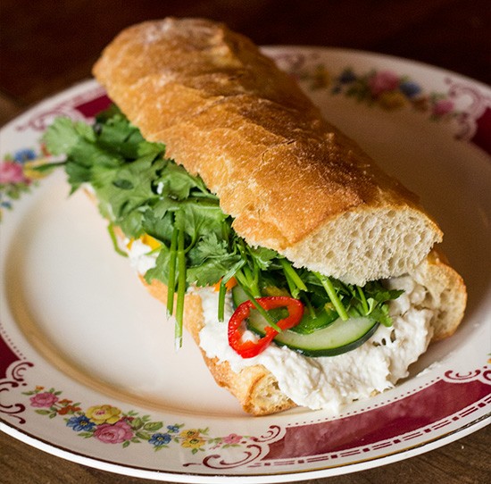 "Baltic Banh Mi" with smoked whitefish, pickled peppers, jalapeno, cucumber and cilantro.