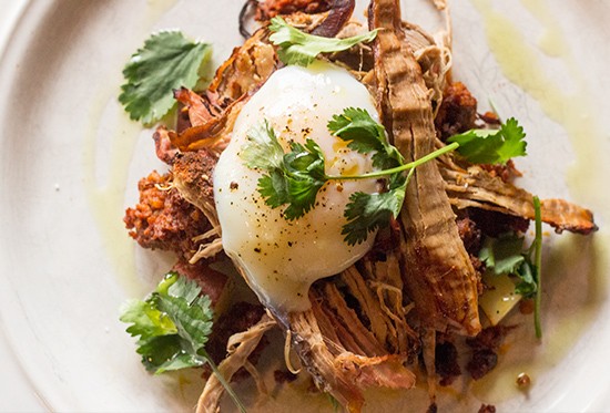 "Hash" with braised pork, chorizo, roasted potatoes and one-hour egg.