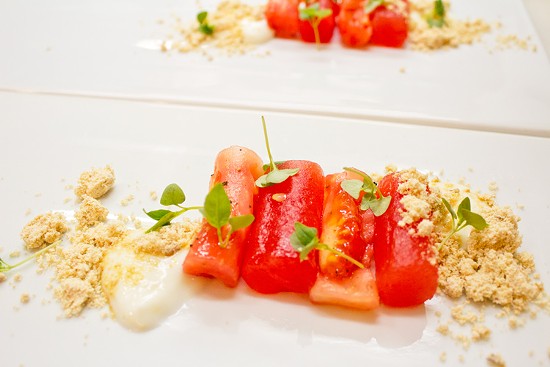 Heirloom tomato and compressed watermelon salad - Mabel Suen
