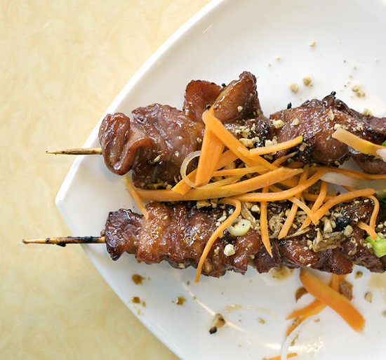 Heo lui, a barbecued pork shish kabob appetizer, at this year's "Best Vietnamese Restaurant" - Jennifer Silverberg