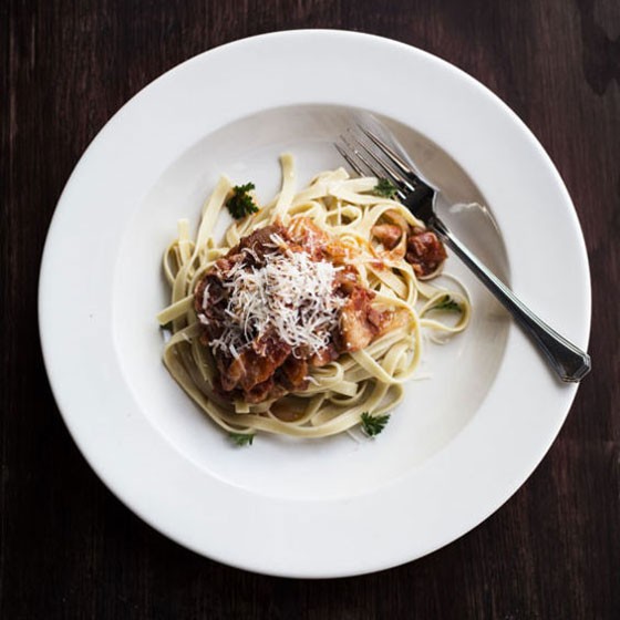 Fettuccine all'amatriciana with pancetta, tomato sauce and parmigiano reggiano. | Jennifer Silverberg