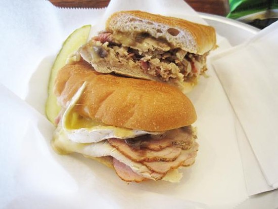 The "For Pete's Sake" sandwich -- smoked pork loin, bacon, brie, caramelized onion and applesauce -- at Nora's - Ian Froeb