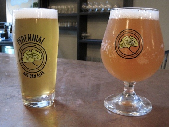 Glasses of Perennial's Southside Blonde (left) and Hommel beers - Sarah Baraba