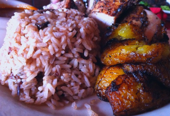 Rice, plantains and jerked chicken from De Palm Tree. - Liz Miller